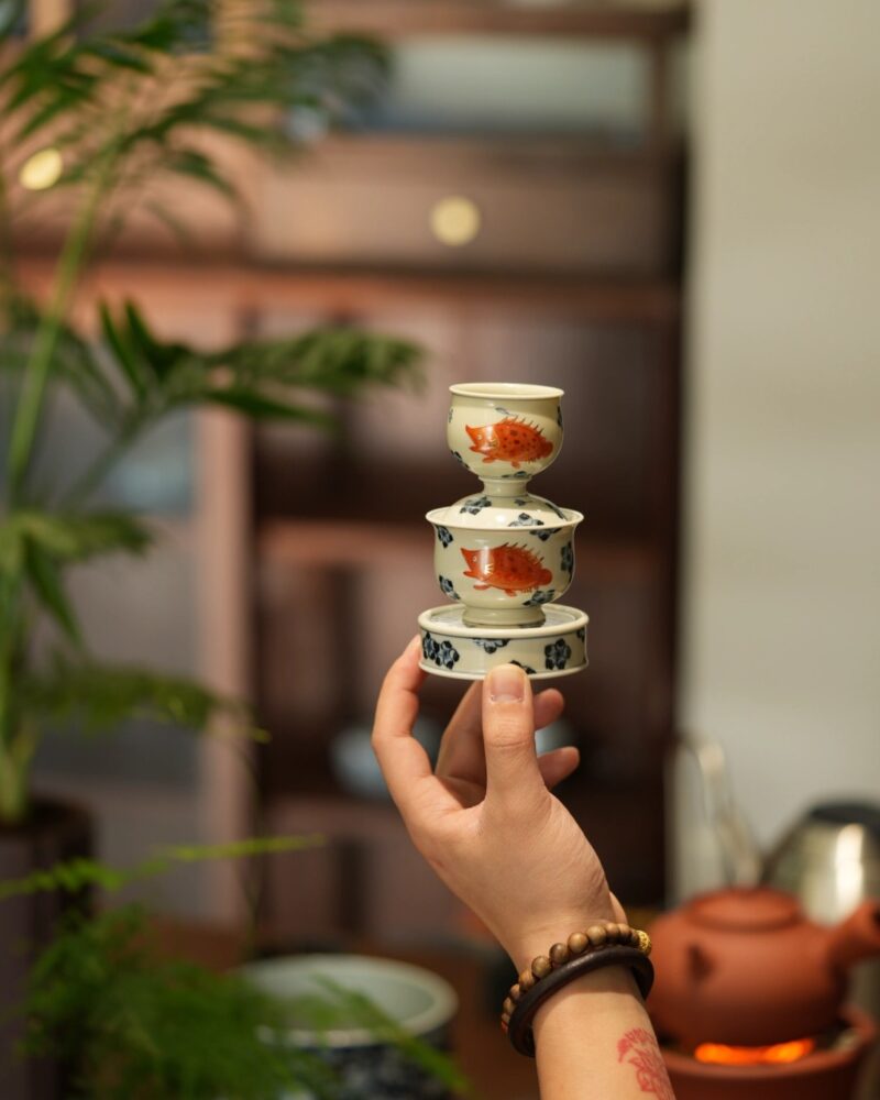 Handmade Hand-painted Qinghua Iron-red Ceramic Mandarin Fish Flower 60ml Gaiwan Set