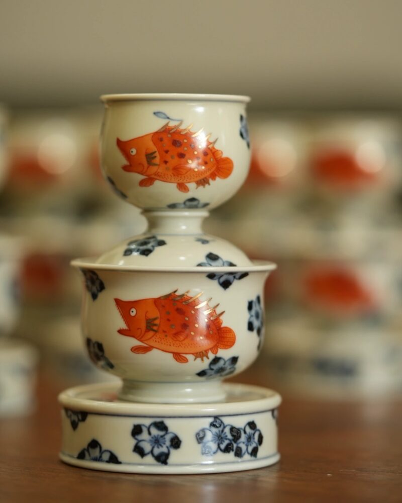 Handmade Hand-painted Qinghua Iron-red Ceramic Mandarin Fish Flower 60ml Gaiwan Set