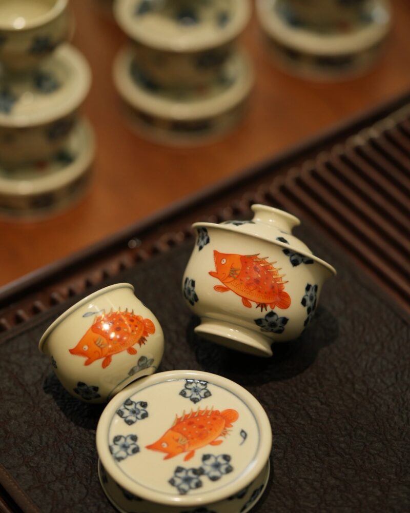 Handmade Hand-painted Qinghua Iron-red Ceramic Mandarin Fish Flower 60ml Gaiwan Set