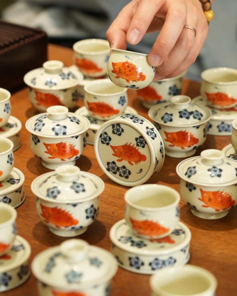 Handmade Hand-painted Qinghua Iron-red Ceramic Mandarin Fish Flower 60ml Gaiwan Set