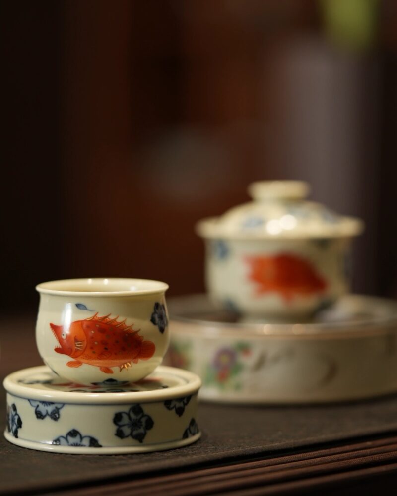Handmade Hand-painted Qinghua Iron-red Ceramic Mandarin Fish Flower 60ml Gaiwan Set