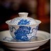 Hand-painted Qinghua Ceramic Lion 140ml Gaiwan