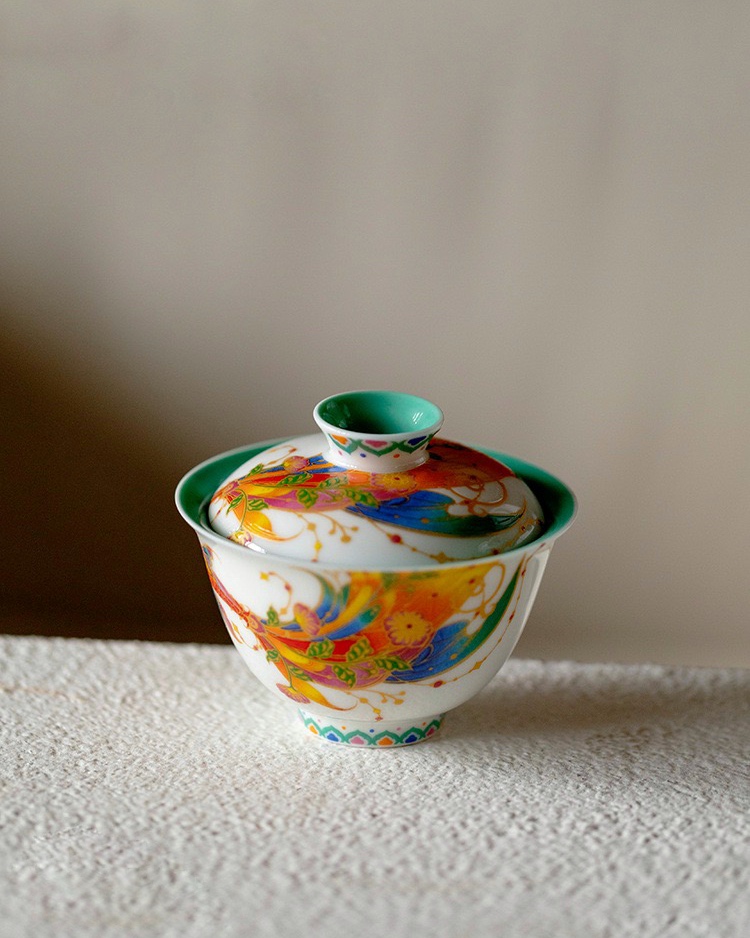 Chinese Style Turquoise Glaze Porcelain Flaming Koi 120ml Gaiwan