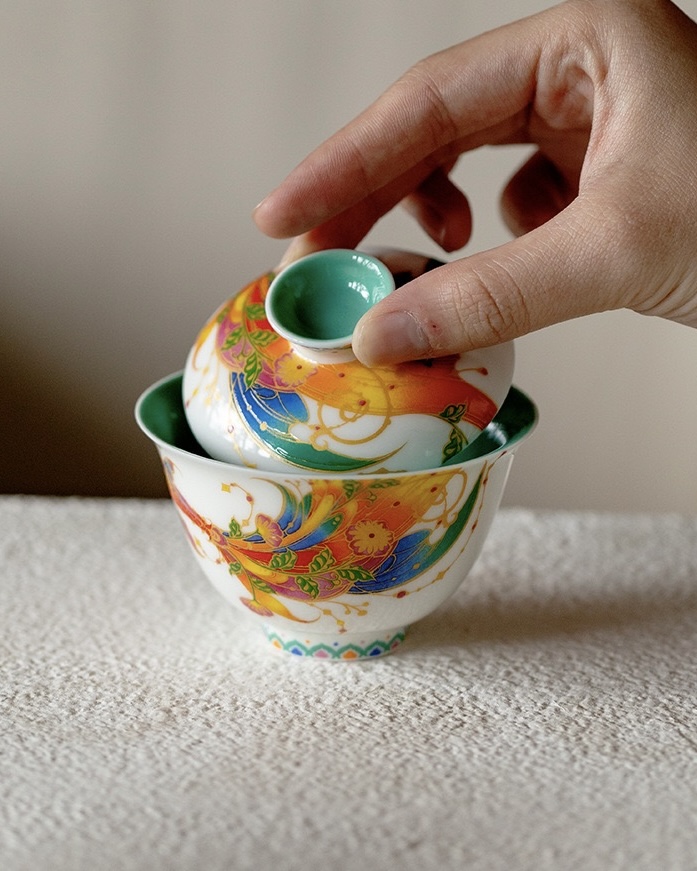 Chinese Style Turquoise Glaze Porcelain Flaming Koi 120ml Gaiwan