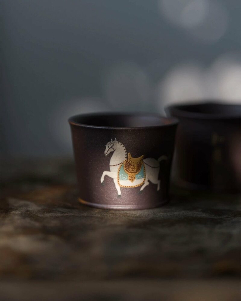 Fully Handmade Clay Painting Tian Qing Ni Tang Horse Tea Cup Set