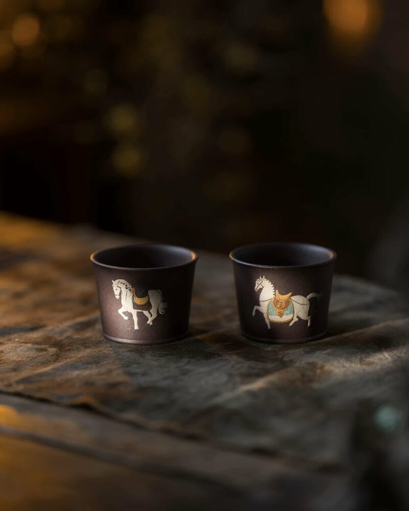 Fully Handmade Clay Painting Tian Qing Ni Tang Horse Tea Cup Set