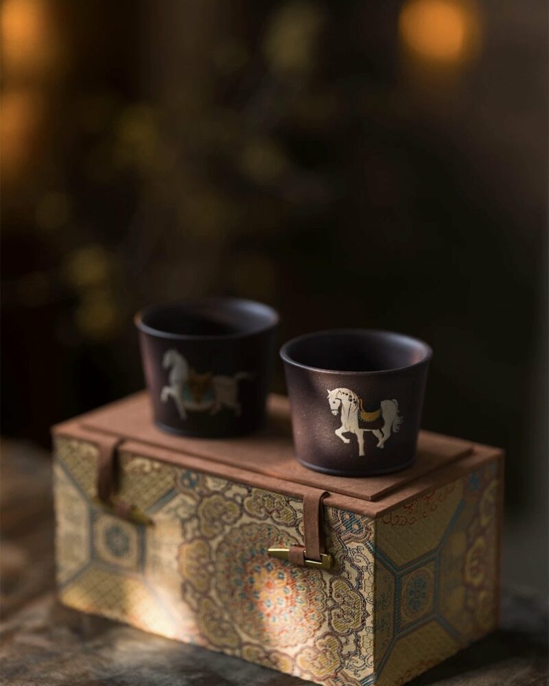 Fully Handmade Clay Painting Tian Qing Ni Tang Horse Tea Cup Set