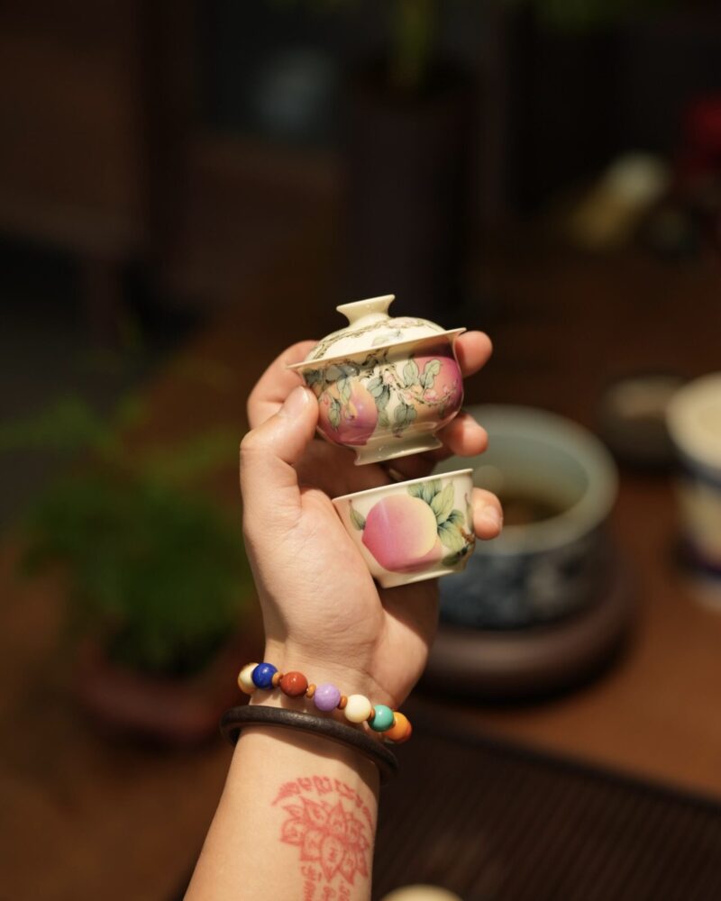 Handmade Hand-painted Fen Cai Ceramic Longevity Peach 70ml Gaiwan Set Pre Order Ship In 20 Days