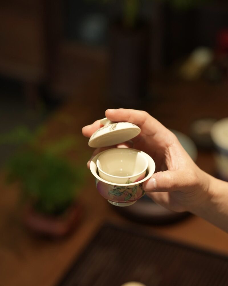 Handmade Hand-painted Fen Cai Ceramic Longevity Peach 70ml Gaiwan Set Pre Order Ship In 20 Days