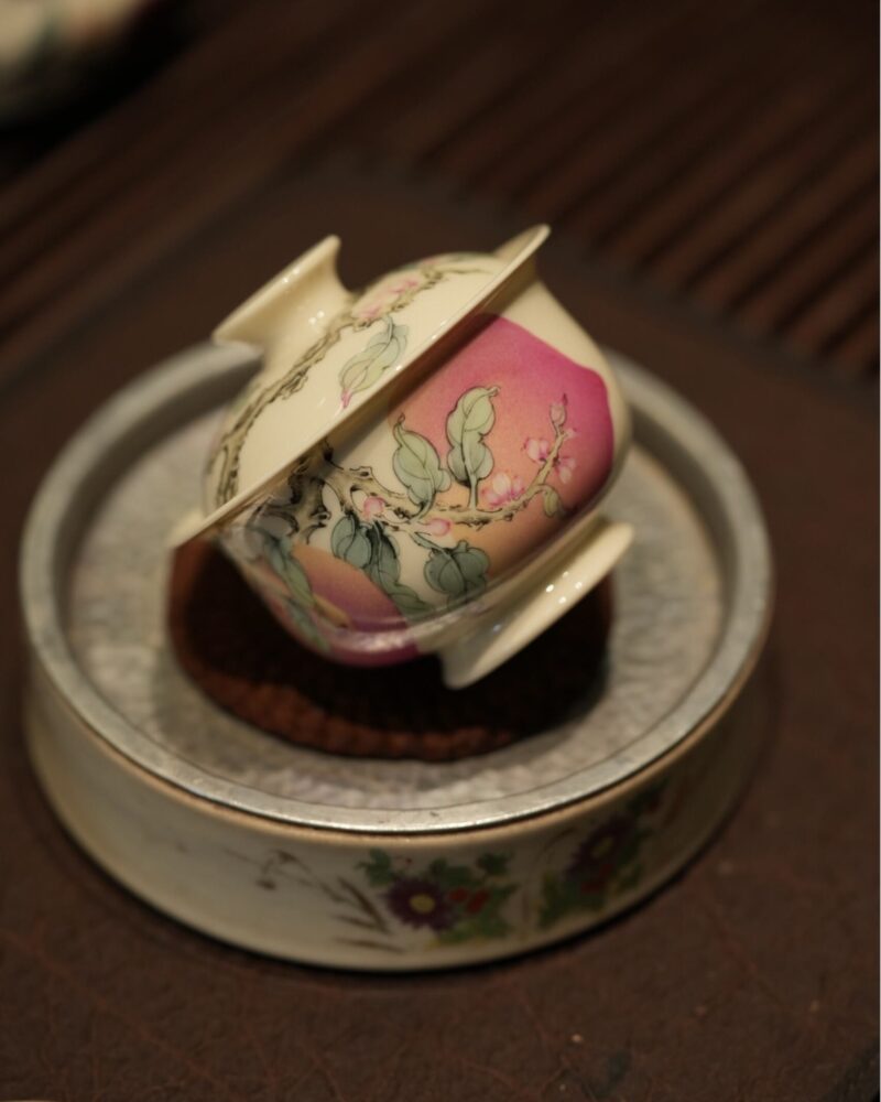 Handmade Hand-painted Fen Cai Ceramic Longevity Peach 70ml Gaiwan Set Pre Order Ship In 20 Days