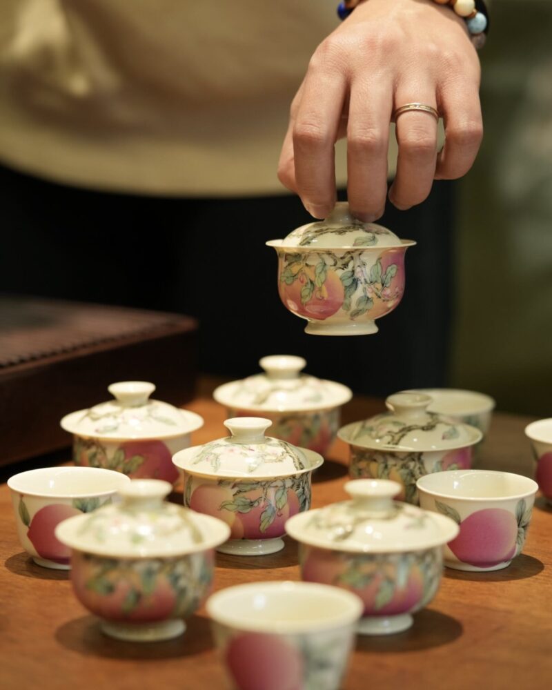 Handmade Hand-painted Fen Cai Ceramic Longevity Peach 70ml Gaiwan Set Pre Order Ship In 20 Days