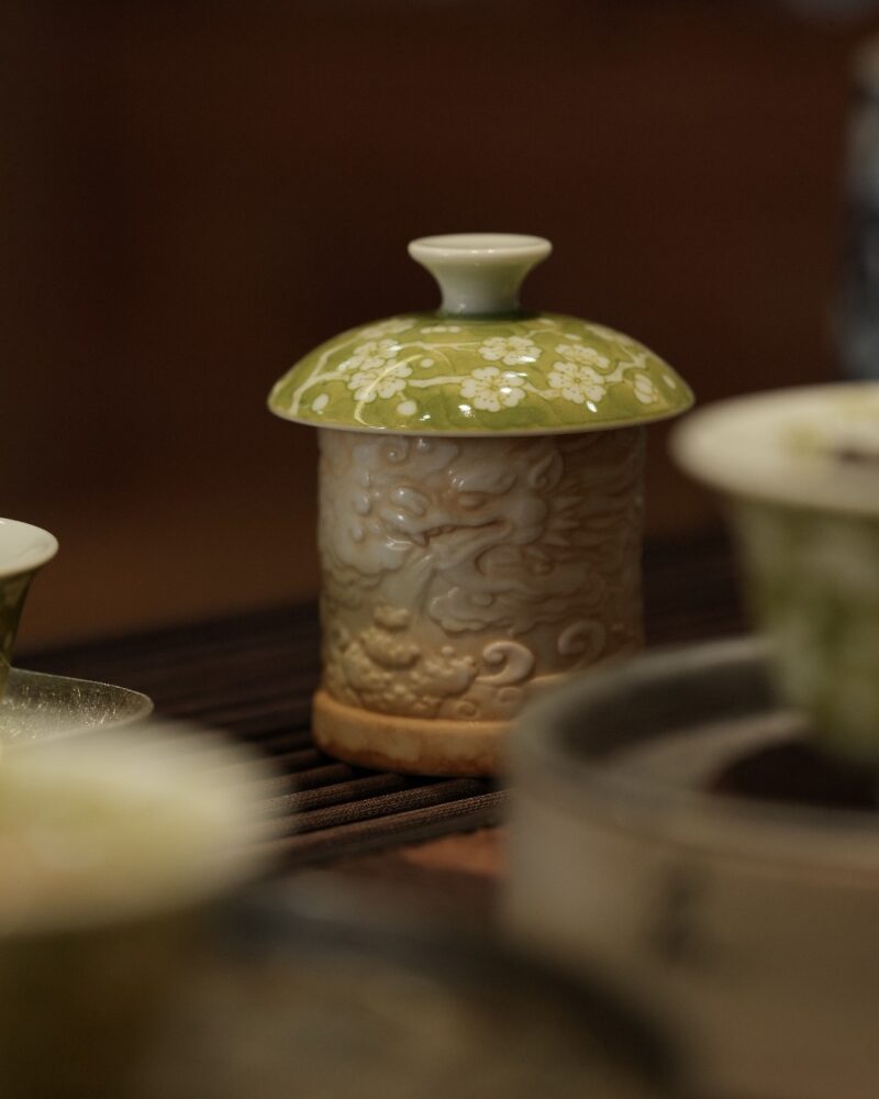 Handmade Hand-painted Grass Green Ceramic Plum 60ml Gaiwan Set Pre Order Ship In 20 Days