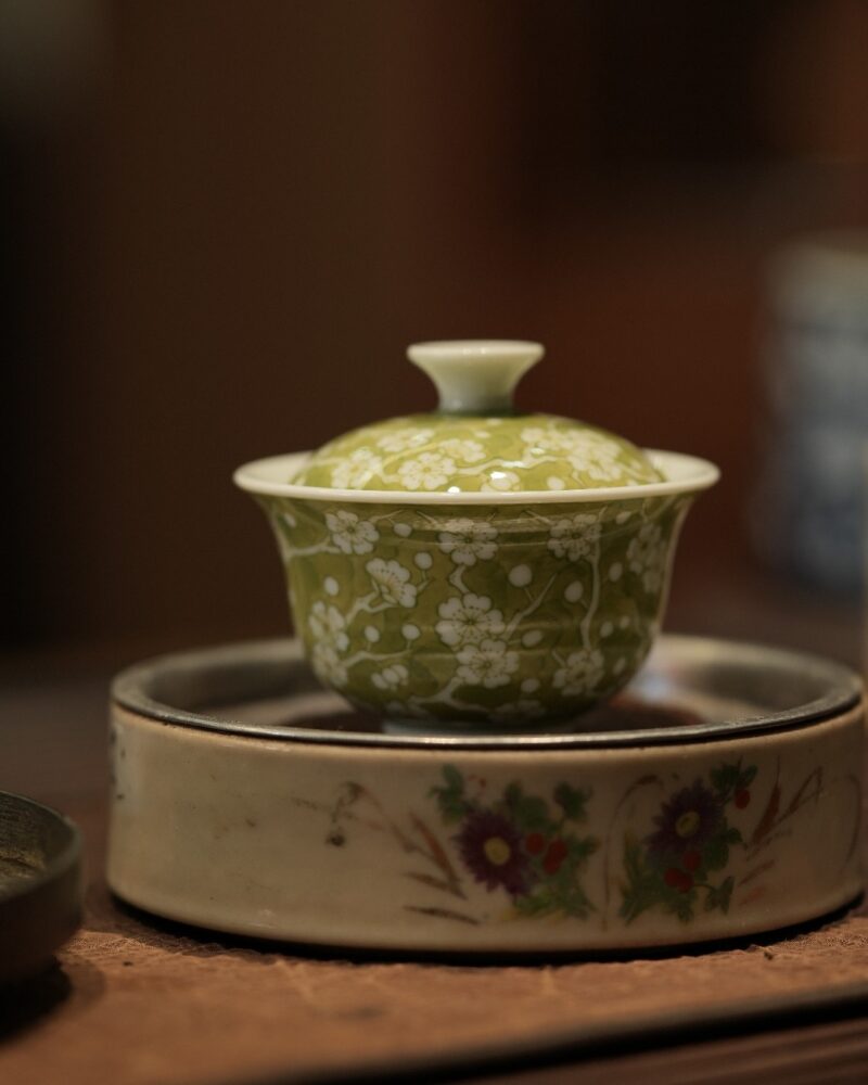 Handmade Hand-painted Grass Green Ceramic Plum 60ml Gaiwan Set Pre Order Ship In 20 Days