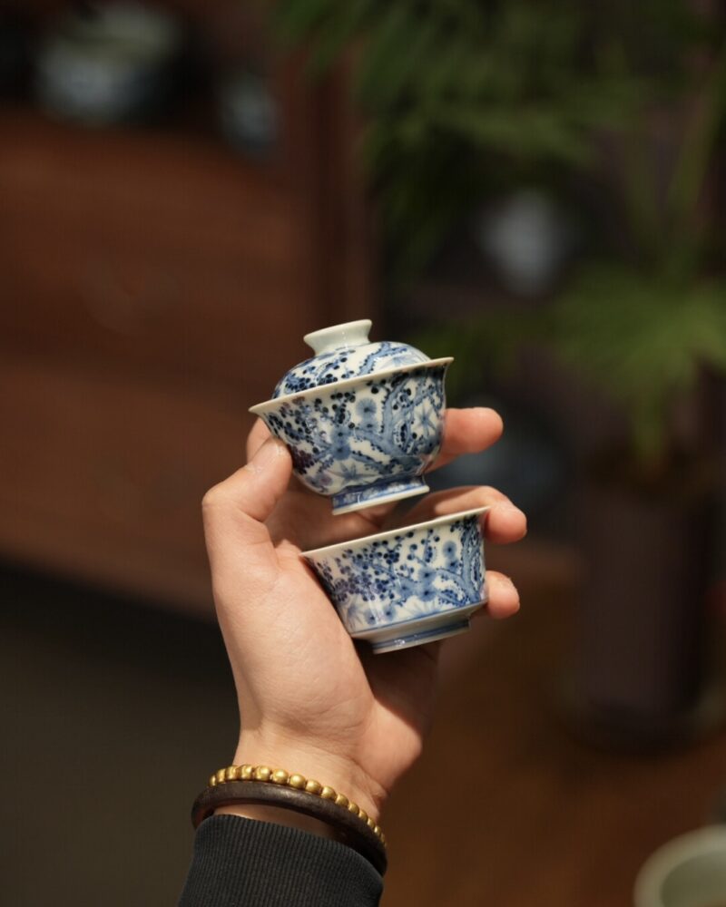 Handmade Hand-painted Qinghua Ceramic Pine Bamboo Plum 60ml Gaiwan Set Pre Order Ship in 20 Days