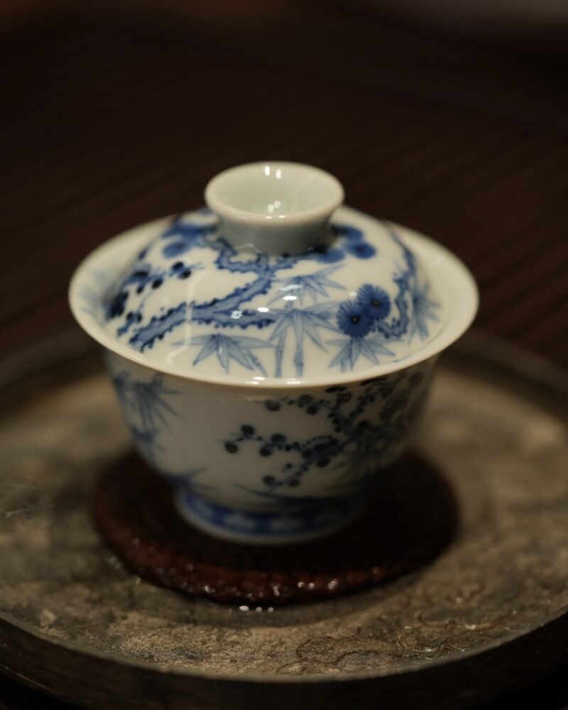 Handmade Hand-painted Qinghua Ceramic Pine Bamboo Plum 60ml Gaiwan Set Pre Order Ship in 20 Days