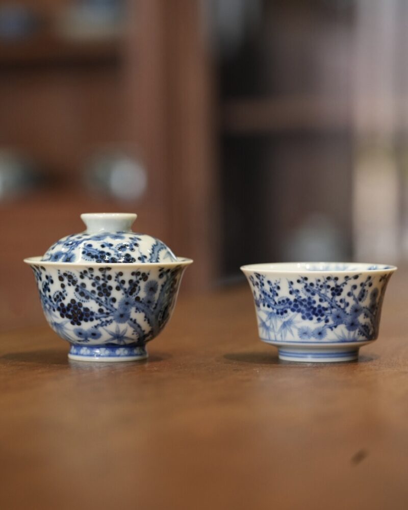 Handmade Hand-painted Qinghua Ceramic Pine Bamboo Plum 60ml Gaiwan Set Pre Order Ship in 20 Days