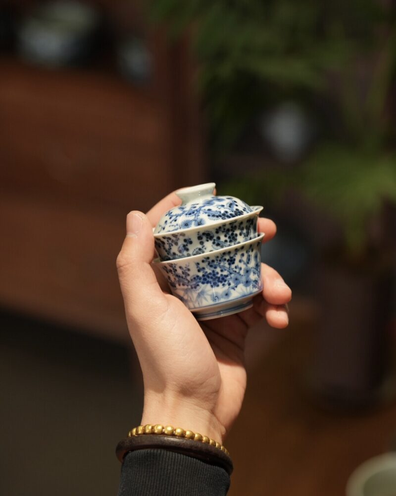 Handmade Hand-painted Qinghua Ceramic Pine Bamboo Plum 60ml Gaiwan Set Pre Order Ship in 20 Days