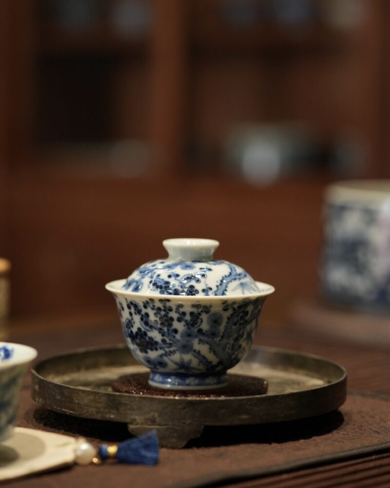 Handmade Hand-painted Qinghua Ceramic Pine Bamboo Plum 60ml Gaiwan Set Pre Order Ship in 20 Days