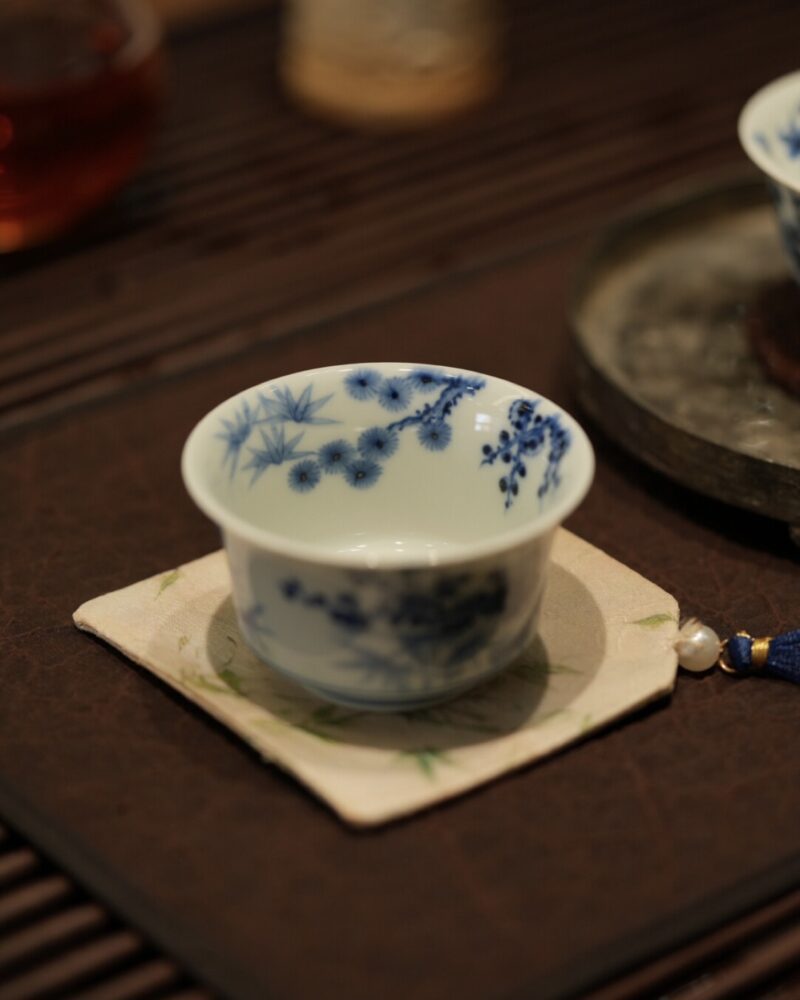Handmade Hand-painted Qinghua Ceramic Pine Bamboo Plum 60ml Gaiwan Set Pre Order Ship in 20 Days