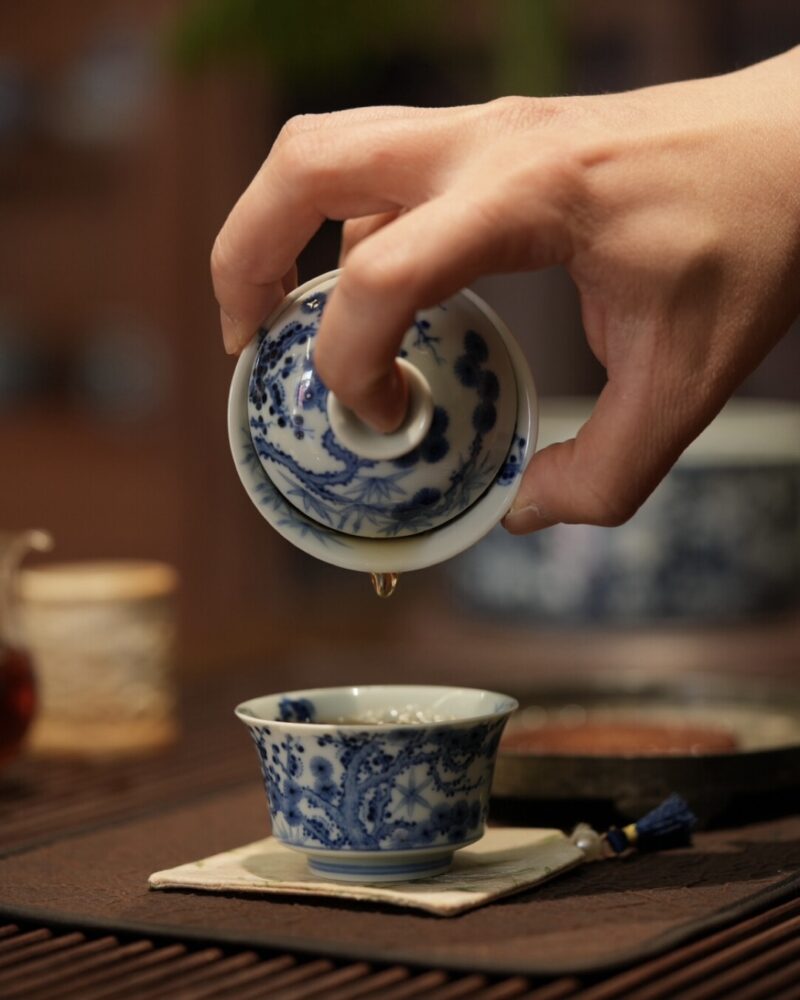Handmade Hand-painted Qinghua Ceramic Pine Bamboo Plum 60ml Gaiwan Set Pre Order Ship in 20 Days