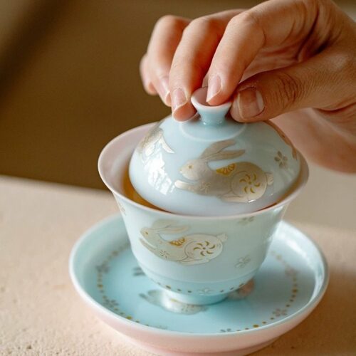 Hand-painted Gilt Silver and Gold Glaze Ceramic Moon Rabbit 110ml Gaiwan