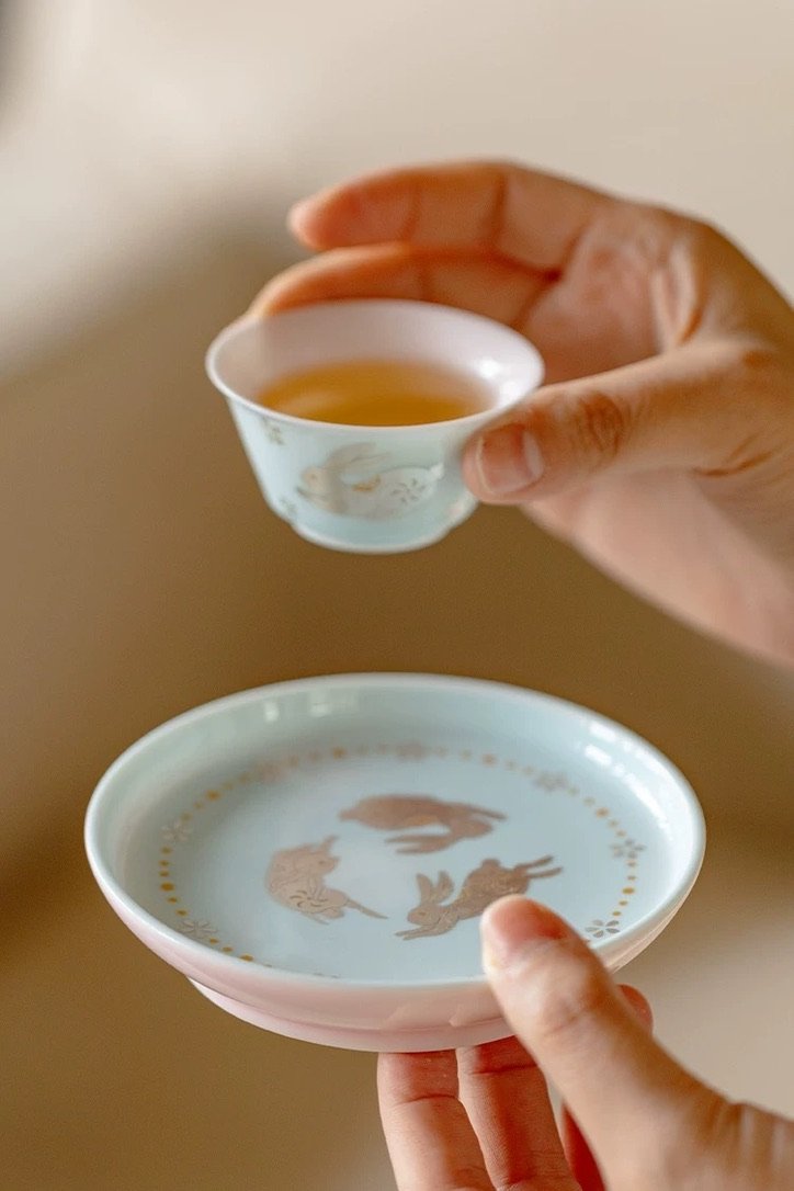 Hand-painted Gilt Silver and Gold Glaze Ceramic Moon Rabbit 110ml Gaiwan