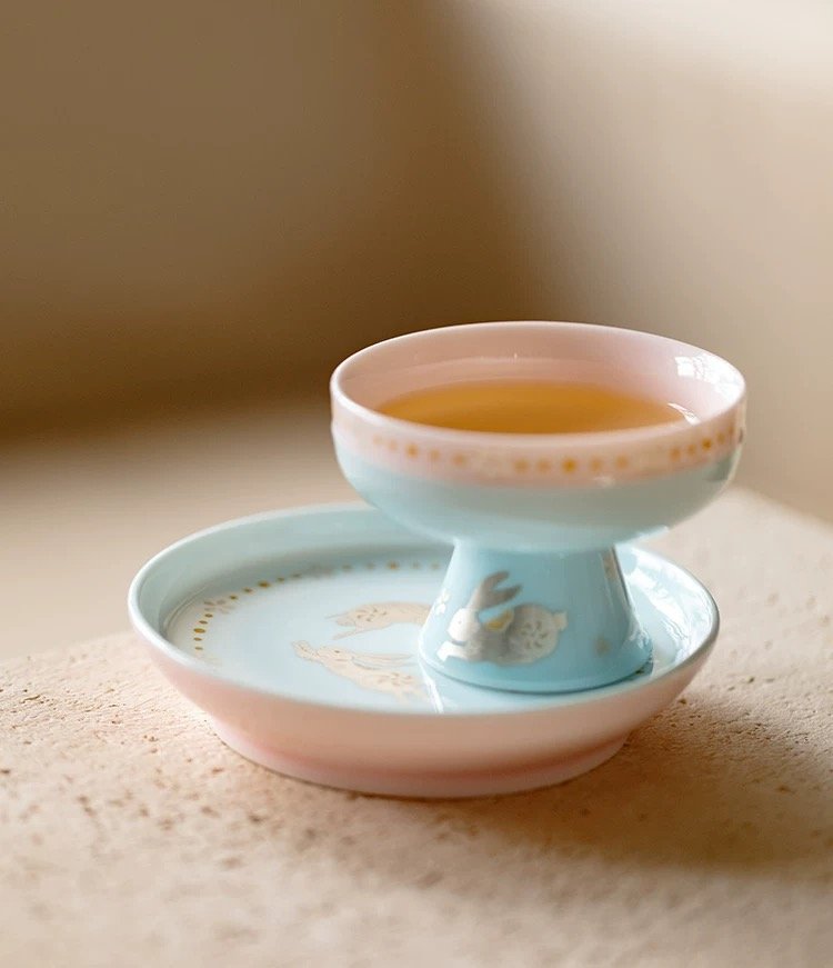 Hand-painted Gilt Silver and Gold Glaze Ceramic Moon Rabbit 110ml Gaiwan