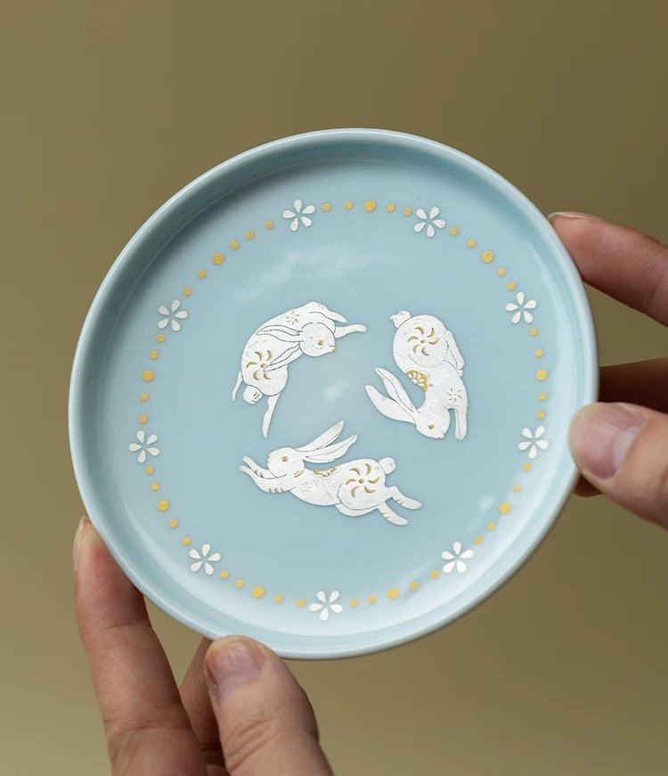 Hand-painted Gilt Silver and Gold Glaze Ceramic Moon Rabbit 110ml Gaiwan