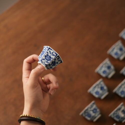Handmade Hand-painted Hexagonal Qinghua Ceramic Flowers 40ml Tea Cup