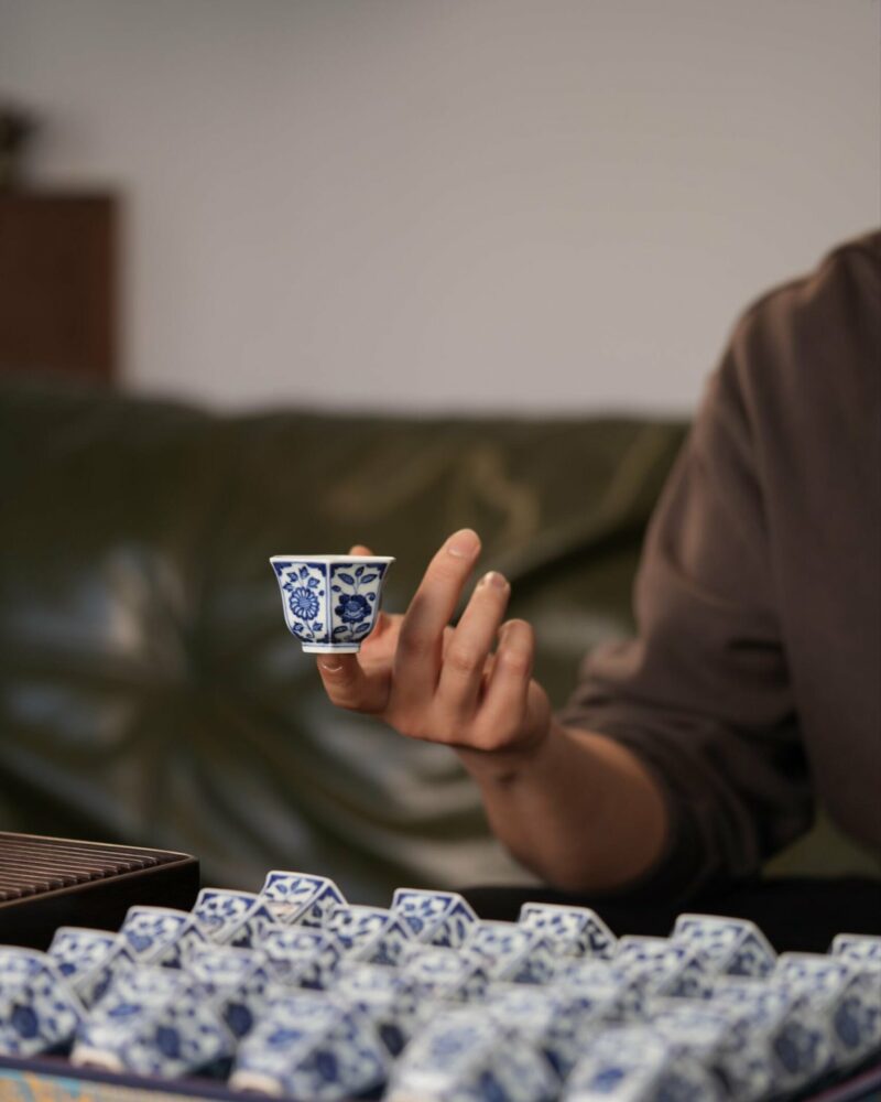 Handmade Hand-painted Hexagonal Qinghua Ceramic Flowers 40ml Tea Cup