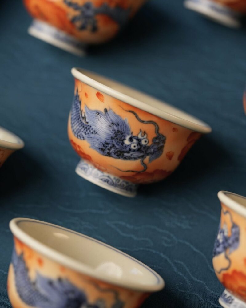 Handmade Hand-painted Qinghua Fan Hong Ceramic Dragon Through Flowers 50ml Host Cup