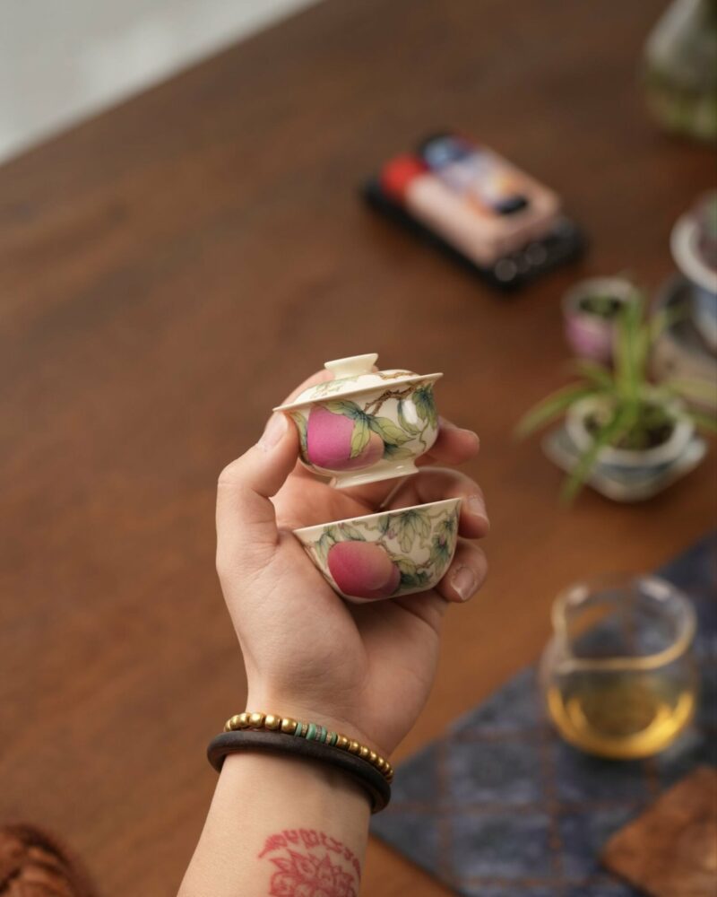 Handmade Hand-painted Fen Cai Ceramic Longevity Peach 50ml Gaiwan Set Pre Order Ship In 20 Days