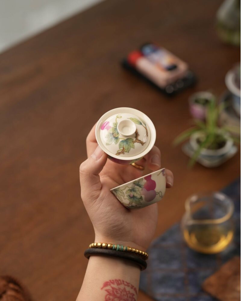 Handmade Hand-painted Fen Cai Ceramic Longevity Peach 50ml Gaiwan Set Pre Order Ship In 20 Days