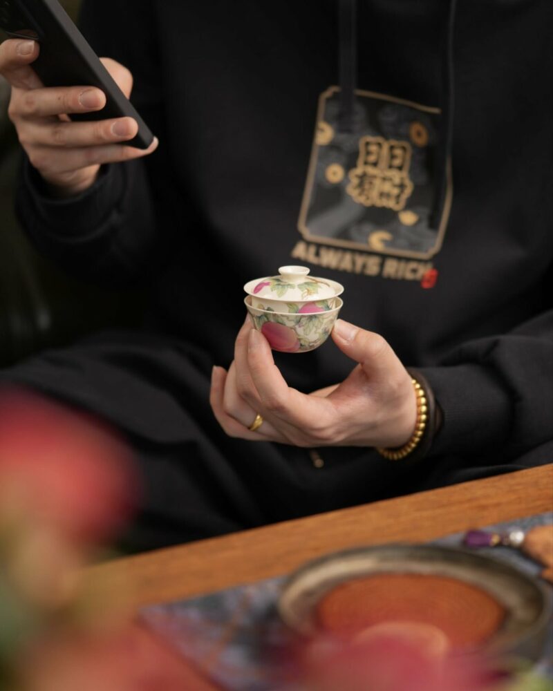 Handmade Hand-painted Fen Cai Ceramic Longevity Peach 50ml Gaiwan Set Pre Order Ship In 20 Days