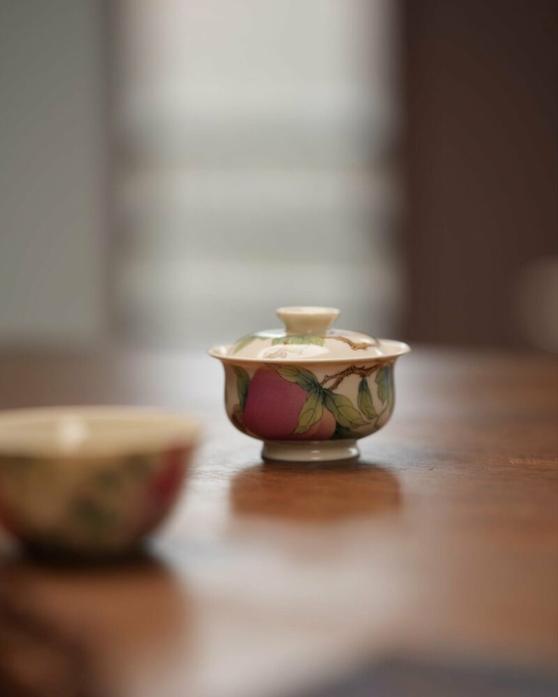 Handmade Hand-painted Fen Cai Ceramic Longevity Peach 50ml Gaiwan Set Pre Order Ship In 20 Days