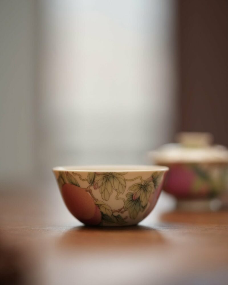 Handmade Hand-painted Fen Cai Ceramic Longevity Peach 50ml Gaiwan Set Pre Order Ship In 20 Days