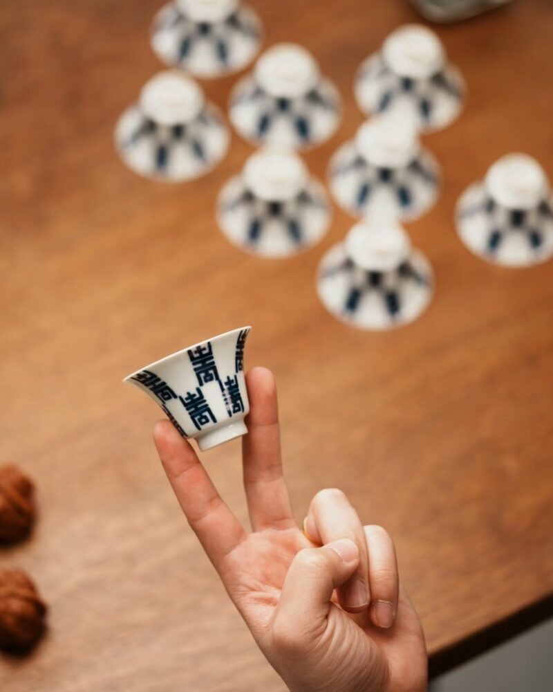 Handmade Hand-painted Porcelain Blue & White Shou Character Pattern 45ml Tea Cup