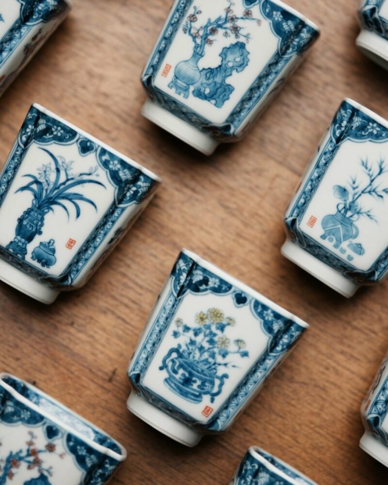 Handmade-Hand-painted-Porcelain-Blue-and-White-Open-Window-Four-Gentlemen-Square-100ml-Host-Cup4 Handmade Hand-painted Porcelain Blue and White Open Window Four Gentlemen Square 100ml Host Cup Pre Order Ship In 20 Days