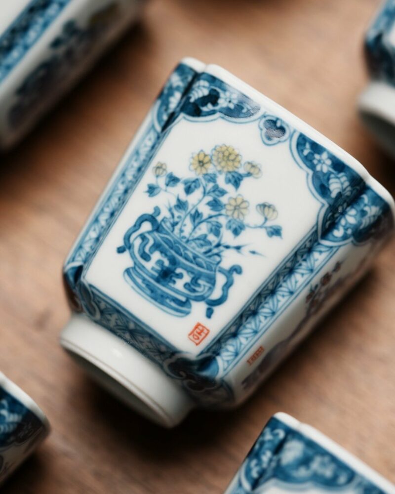 Handmade-Hand-painted-Porcelain-Blue-and-White-Open-Window-Four-Gentlemen-Square-100ml-Host-Cup5 Handmade Hand-painted Porcelain Blue and White Open Window Four Gentlemen Square 100ml Host Cup Pre Order Ship In 20 Days