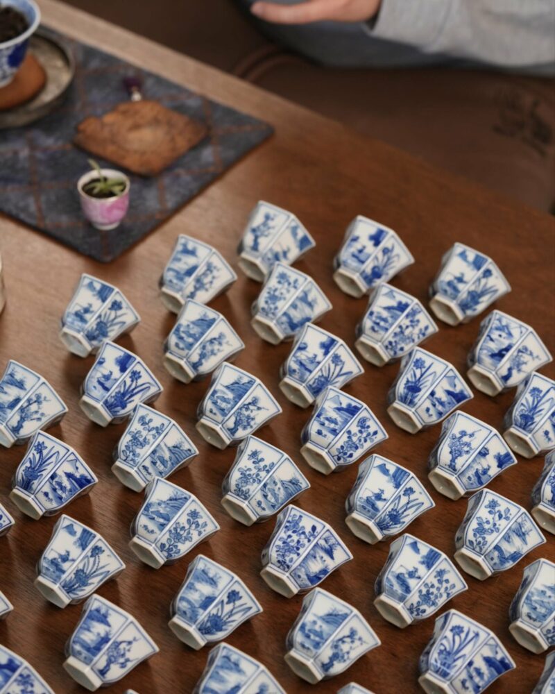 Handmade Hand-painted Qinghua Ceramic Four Seasons Hexagonal 40ml Tea Cup