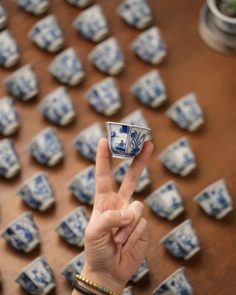 Handmade Hand-painted Qinghua Ceramic Four Seasons Hexagonal 40ml Tea Cup