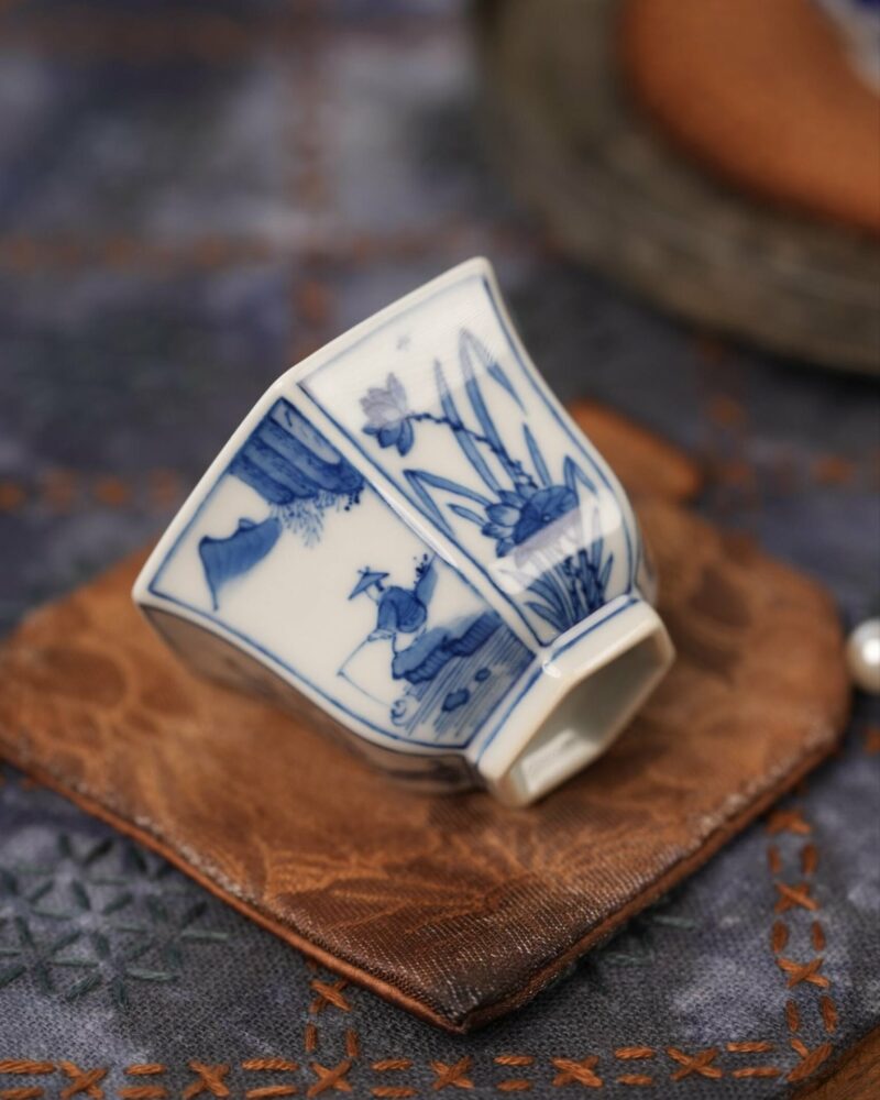 Handmade Hand-painted Qinghua Ceramic Four Seasons Hexagonal 40ml Tea Cup