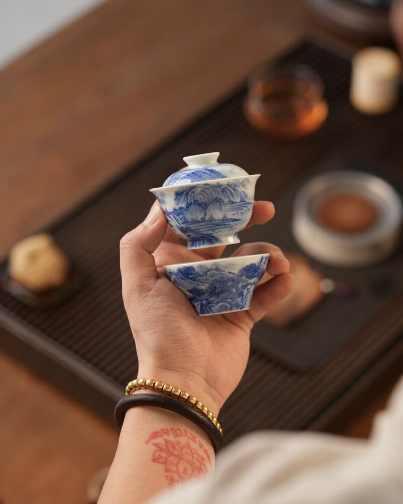 Handmade Hand-painted Qinghua Ceramic Landscape 60ml Gaiwan Set Pre Order Ship In 20 Days