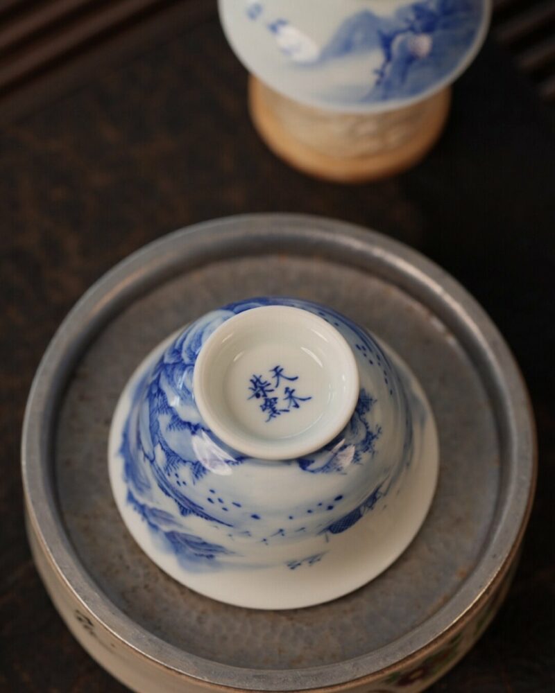 Handmade Hand-painted Qinghua Ceramic Landscape 60ml Gaiwan Set Pre Order Ship In 20 Days