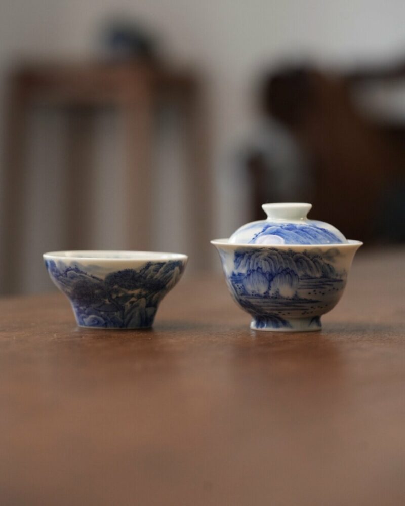 Handmade Hand-painted Qinghua Ceramic Landscape 60ml Gaiwan Set Pre Order Ship In 20 Days