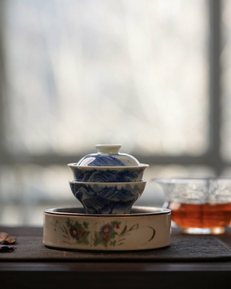 Handmade Hand-painted Qinghua Ceramic Landscape 60ml Gaiwan Set Pre Order Ship In 20 Days
