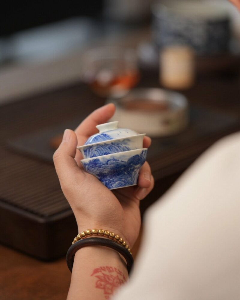 Handmade Hand-painted Qinghua Ceramic Landscape 60ml Gaiwan Set Pre Order Ship In 20 Days