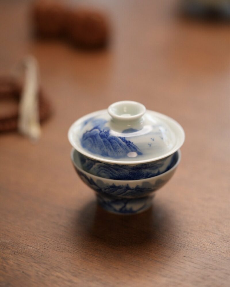 Handmade Hand-painted Qinghua Ceramic Landscape 60ml Gaiwan Set Pre Order Ship In 20 Days
