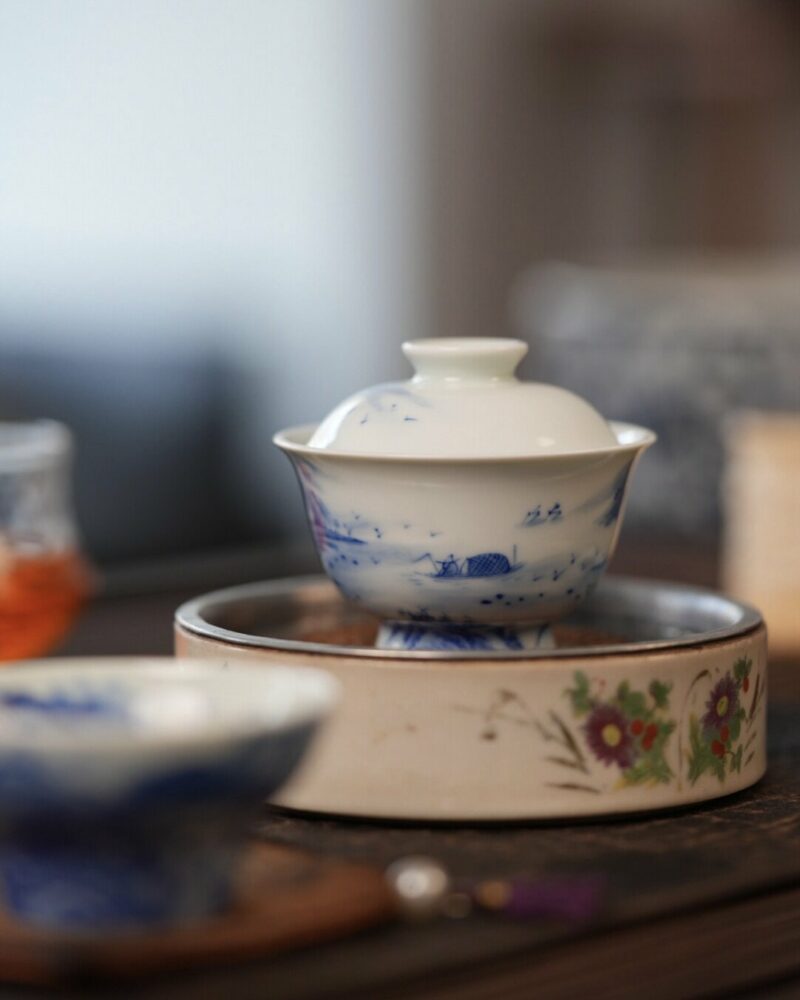 Handmade Hand-painted Qinghua Ceramic Landscape 60ml Gaiwan Set Pre Order Ship In 20 Days