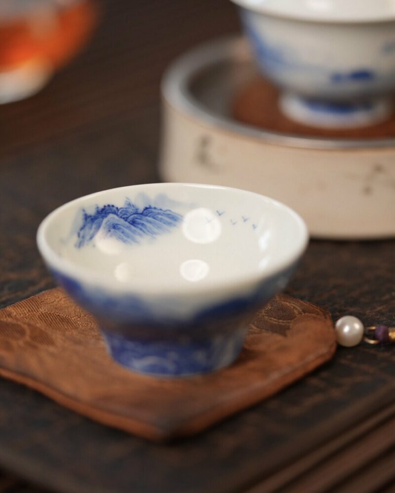 Handmade Hand-painted Qinghua Ceramic Landscape 60ml Gaiwan Set Pre Order Ship In 20 Days